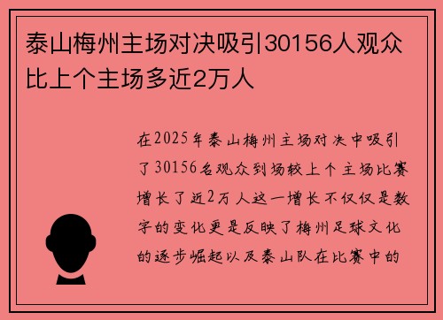 泰山梅州主场对决吸引30156人观众 比上个主场多近2万人