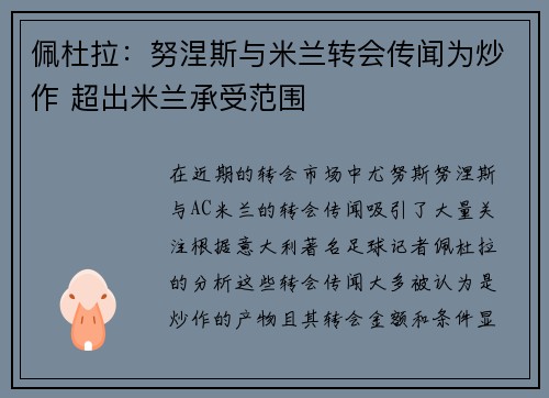 佩杜拉：努涅斯与米兰转会传闻为炒作 超出米兰承受范围