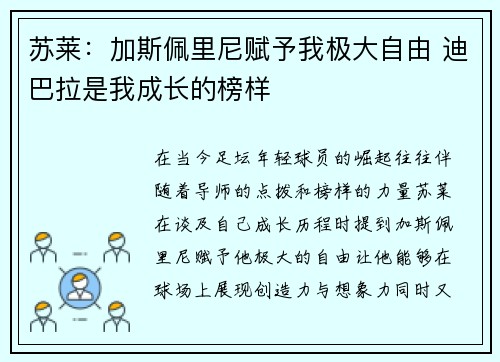苏莱：加斯佩里尼赋予我极大自由 迪巴拉是我成长的榜样