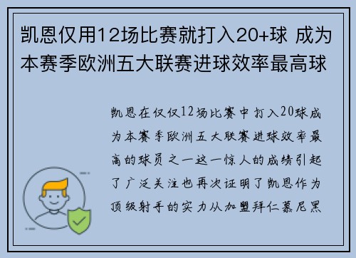 凯恩仅用12场比赛就打入20+球 成为本赛季欧洲五大联赛进球效率最高球员之一